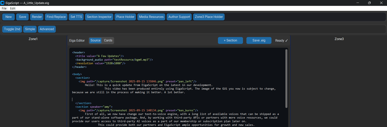 EigaScript script editor showing sections and tags